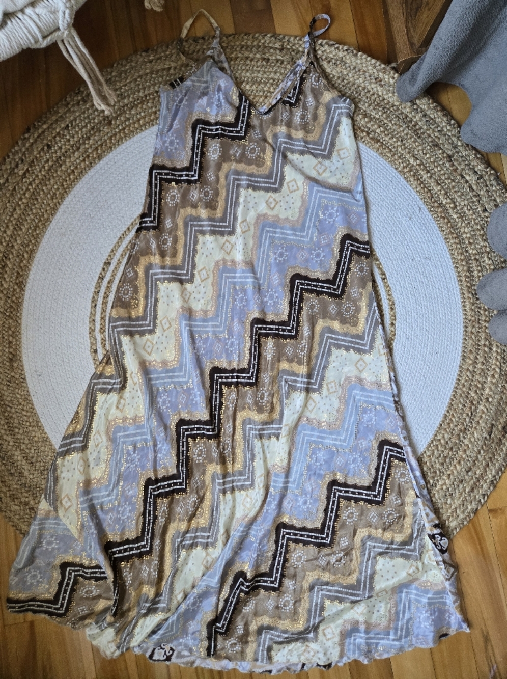 100% Silk Boho Chevron Chic Maxi Dress in Blue, Brown, Cream & Gold printed